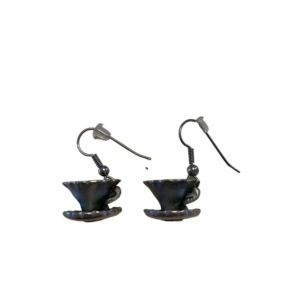 Pewter Tea Cup and Saucer Womens Dangle Earrings for Pierced Ears Jewelry
